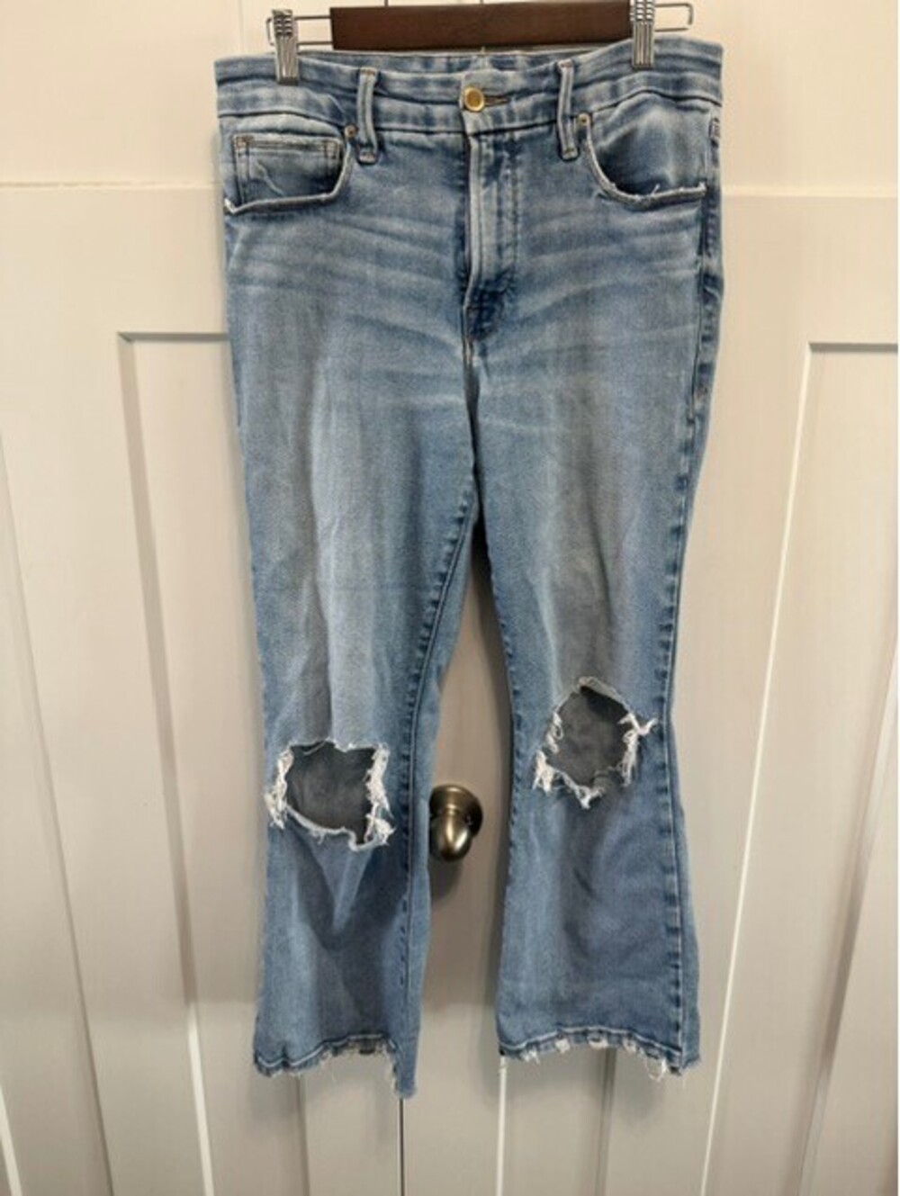 Good American stretchy distressed flare denim jeans "good leg flares" size 10